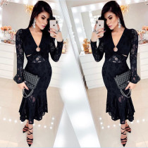 Sexy deep V perspective pencil skirt lace skirt