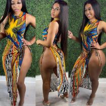 Printed Dress with side split strap positioning