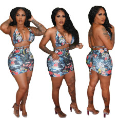 Two piece printed vest skirt swimsuit