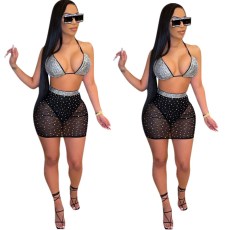 Two piece colorful bead mesh sexy swimsuit