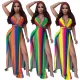 Rainbow print striped dress with split V-neck