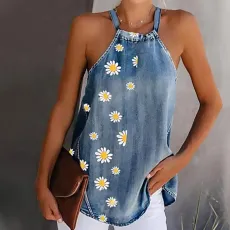 Daisy print denim Halter Top