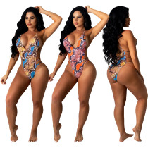 Sexy snake print open back one piece swimsuit