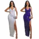 Sexy open back lace split Sequin dress