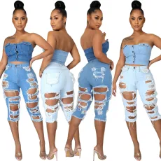 Fashion high waist jeans with holes