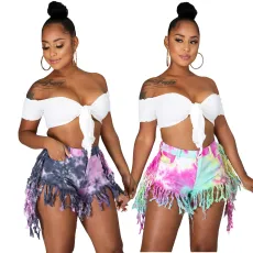 Fashionable elastic irregular tassel tie dyed shorts