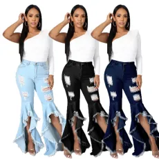 Fashion stitched hole denim flare pants