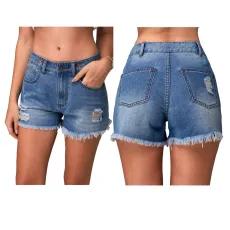 Fashion washed denim stretch shorts with holes