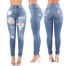 Fashion high waist jeans with holes