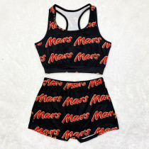 Sexy print vest Shorts Set