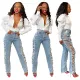 Fashion denim straight cut hole jeans