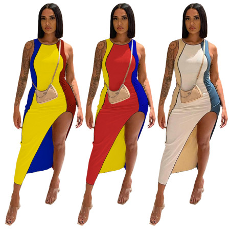 Fashion sexy color matching irregular dress