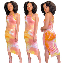 Pink and yellow print long casual dress