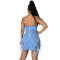 Fashionable open back denim skirt with strap