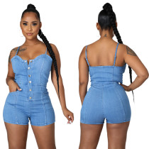 Casual high elastic denim suspender Jumpsuit