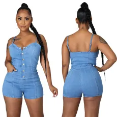 Casual high elastic denim suspender Jumpsuit