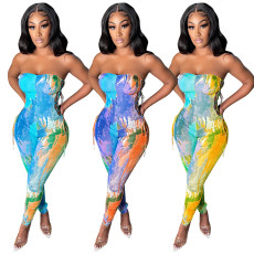 Tie dyed hollow lace up hip lifting Jumpsuit