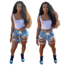 Denim shorts with perforated rubber band waist