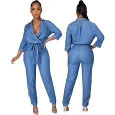 Fashion slim strap casual denim Jumpsuit