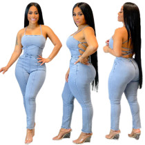 Fashion slim open back bandage denim Jumpsuit