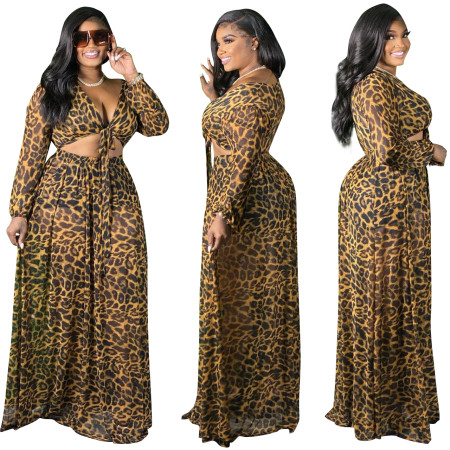 Leopard lace up long sleeve half skirt two piece set