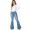 Fashion hole washed jeans stretch flared pants