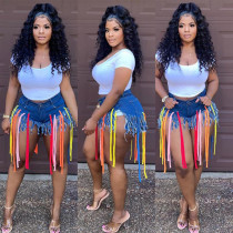 Individual jeans with holes and ropes
