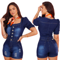 Skinny white spray hole denim Jumpsuit