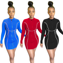 Solid zip Long Sleeve Dress