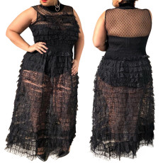 Sexy fashion mesh backless dress long skirt two piece set