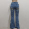 Fashion strap denim perforated micro flared pants