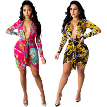 Sexy fashion digital print V-neck dress