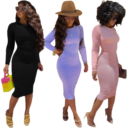 Long sleeve round neck solid Hip Wrap Dress