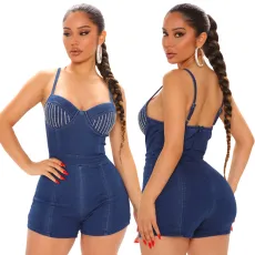 Fashion denim hot drill slim fit Jumpsuit