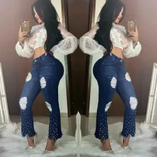 Fashion pierced pearl decorative micro flared pants
