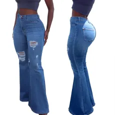 Perforated denim flared pants