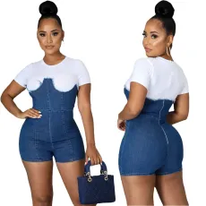 Fashion casual denim hidden zipper Jumpsuit