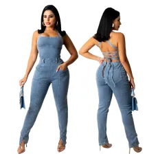 Casual fashion open back denim Jumpsuit