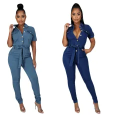 Short sleeve lace up casual denim Jumpsuit