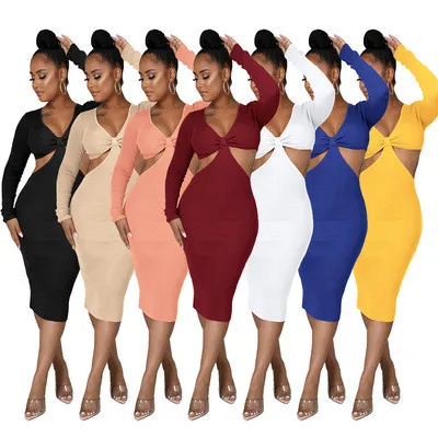 Fashion sexy V-neck exposed waist bag hip skirt