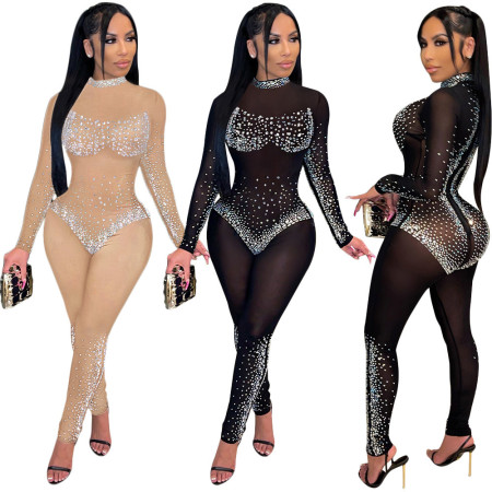 Sexy mesh perspective hot drill Jumpsuit