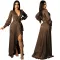 Sexy deep V-strap long sleeve split dress
