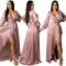 Sexy deep V-strap long sleeve split dress