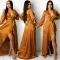 Sexy deep V-strap long sleeve split dress