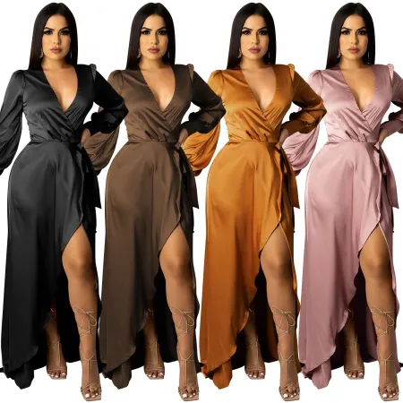 Sexy deep V-strap long sleeve split dress