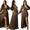 Sexy deep V-strap long sleeve split dress