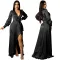 Sexy deep V-strap long sleeve split dress
