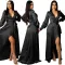 Sexy deep V-strap long sleeve split dress