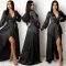 Sexy deep V-strap long sleeve split dress