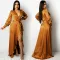 Sexy deep V-strap long sleeve split dress